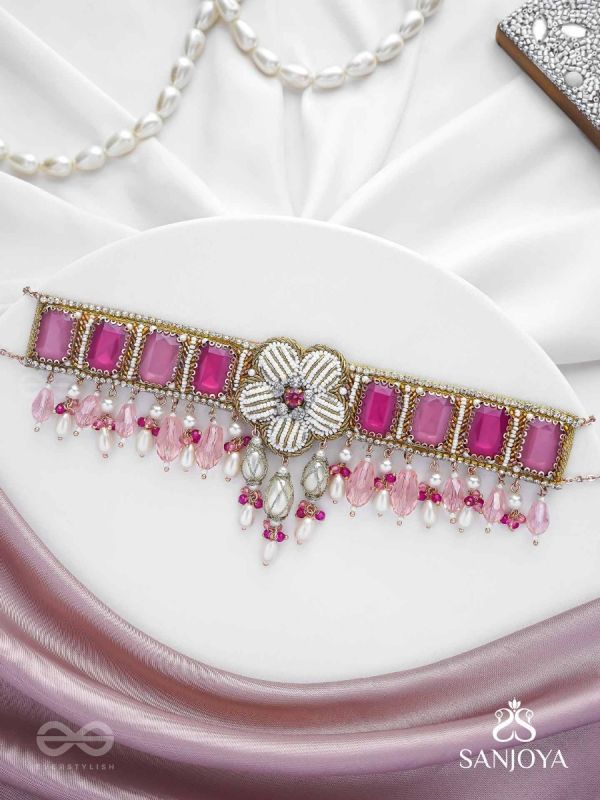 CHAANDIKUSUMA - THE ROYAL BLOSSOM- STONE, BEADS, GLASS AND PEARL DROPS HAND EMBROIDERED CHOKER NECKPIECE