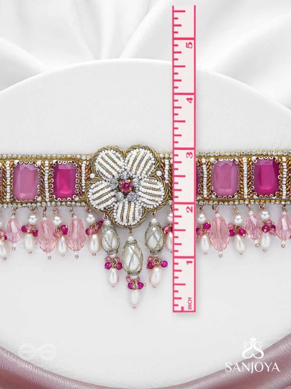 CHAANDIKUSUMA - THE ROYAL BLOSSOM- STONE, BEADS, GLASS AND PEARL DROPS HAND EMBROIDERED CHOKER NECKPIECE