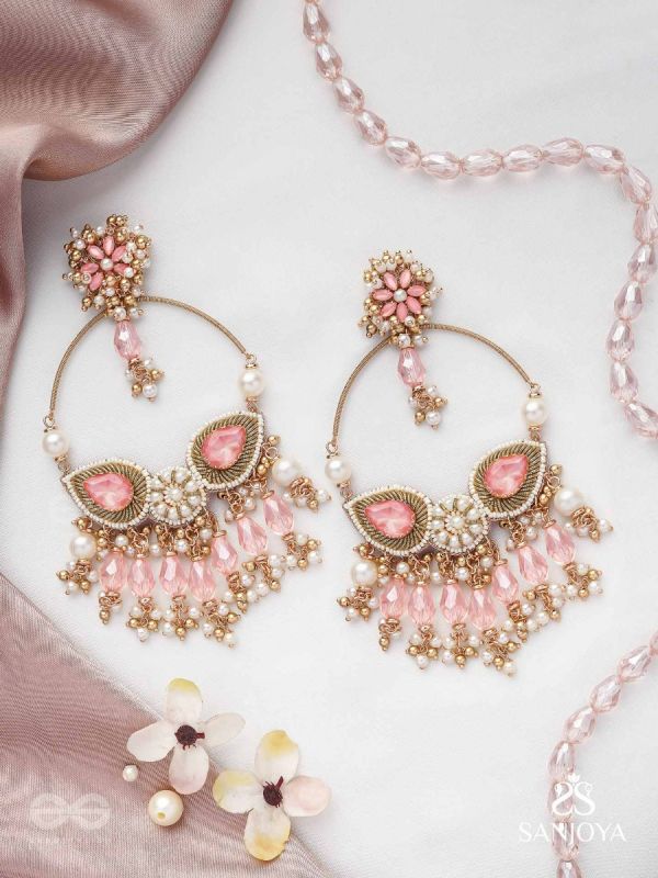 Satpushpa- The Blooming Grace- Stones, Beads, Pearls And Glass Drops Hand Embroidered Earrings