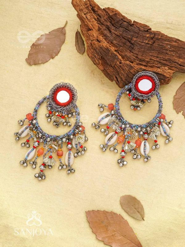 Pradhma - The Ocean Treasures - Beads, Mirror And Shells Hand Embroidered Oxidised Earrings