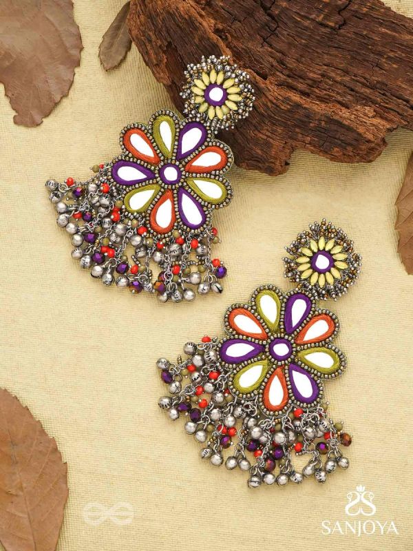 Ambuvasini - The Angel's Flower - Mirror, Resham And Beads Hand Embroidered Oxidised Earrings