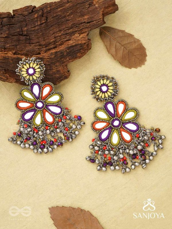 Ambuvasini - The Angel's Flower - Mirror, Resham And Beads Hand Embroidered Oxidised Earrings