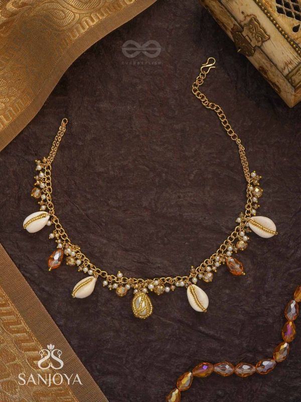 Astrta - Ivory Snowdrops -  Beads, Shells And Glass Drop Hand Embroidered Neckpiece