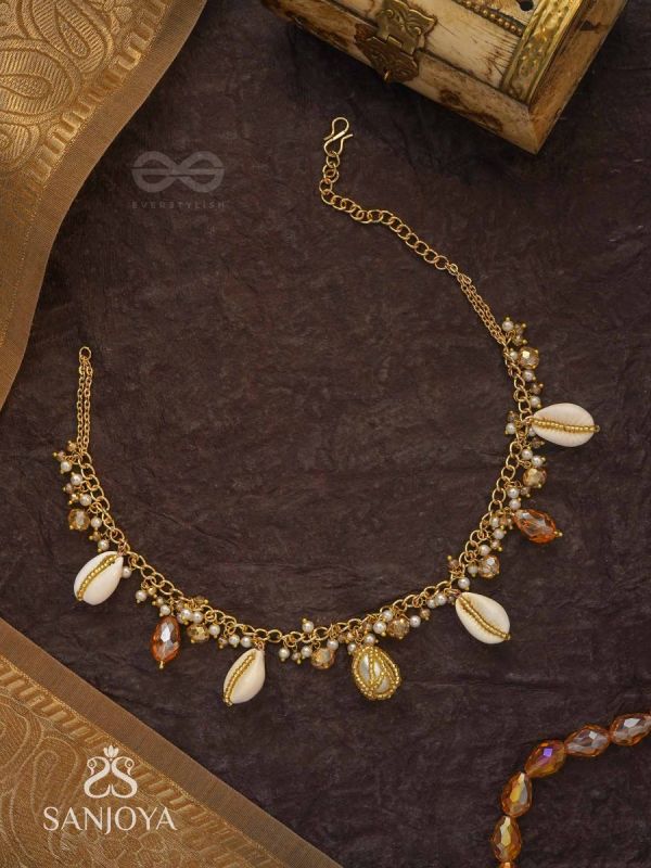 Astrta - Ivory Snowdrops -  Beads, Shells And Glass Drop Hand Embroidered Neckpiece