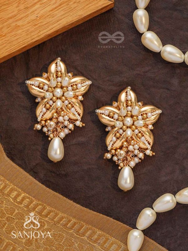 Kanaka - The Gleaming Blossoms - Beads, Shells And Pearl Drops Hand Embroidered Earrings