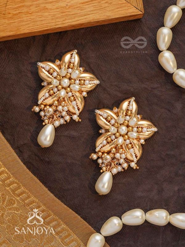 Kanaka - The Gleaming Blossoms - Beads, Shells And Pearl Drops Hand Embroidered Earrings