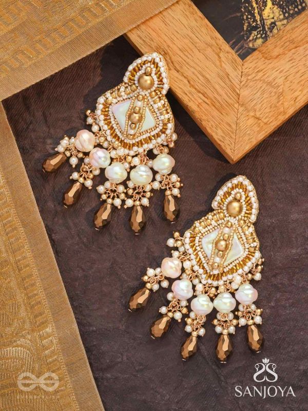 Hairanyika - The Ivory Aurora - Beads And Glass Drops Hand Embroidered Earrings