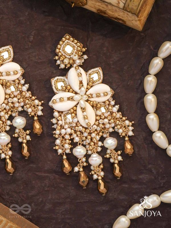 Sambuka- The Golden Snowflakes - Beads, Shells And Glass Drop Hand Embroidered Earrings