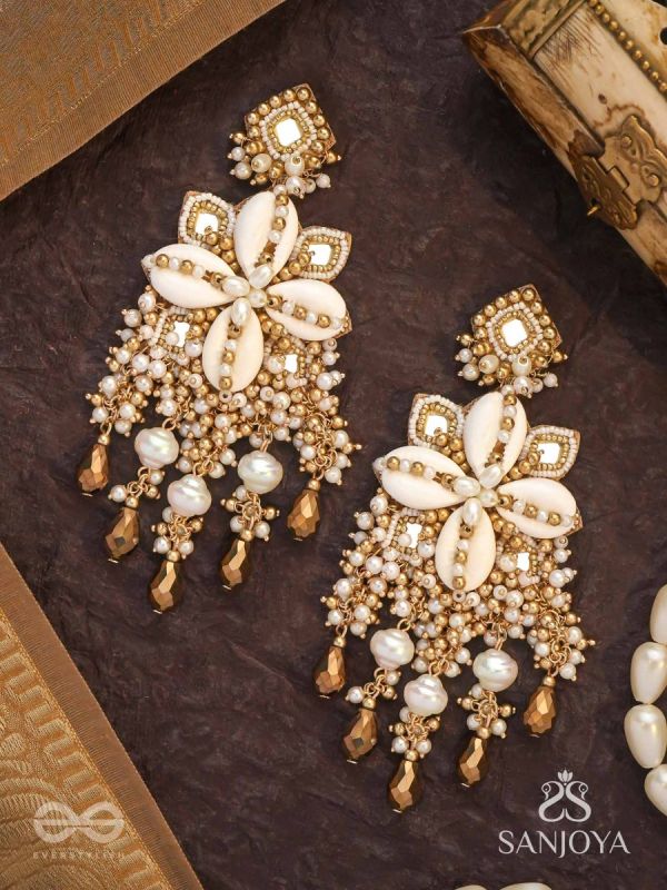 Sambuka- The Golden Snowflakes - Beads, Shells And Glass Drop Hand Embroidered Earrings