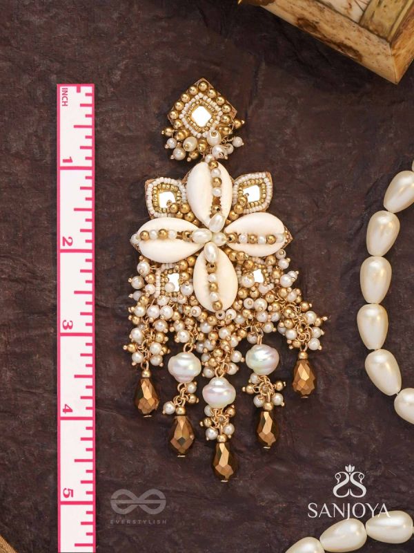 Sambuka- The Golden Snowflakes - Beads, Shells And Glass Drop Hand Embroidered Earrings