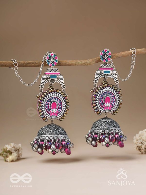 Anikini - The Lotus Manifestation- Enamelled Oxidised Chain Jhumka Earrings