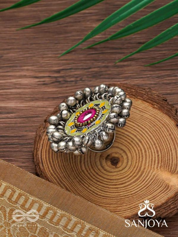 Ekatala - The Colorful Melody - Mirror And Beads Hand Embroidered Enamelled Oxidised Ring