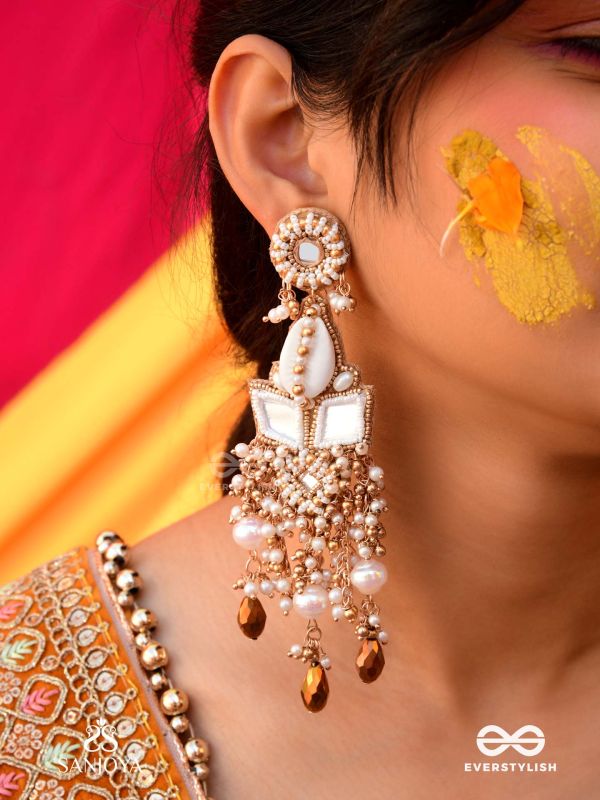 Sahasra - Golden Waves Whisper- Beads, Shells And Glass Drop Hand Embroidered Earrings