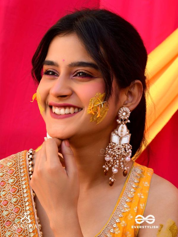 Sahasra - Golden Waves Whisper- Beads, Shells And Glass Drop Hand Embroidered Earrings