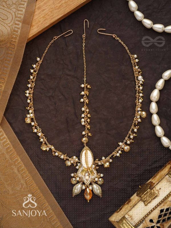 Daksayanina - Champagne Frost - Beads, Shells And Glass Drops Hand Embroidered Maangtika