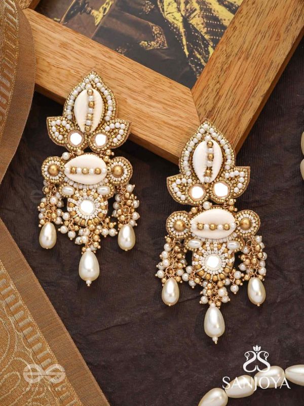 Savitra - Frosty Lily - Beads, Shells And Pearl Drops Hand Embroidered Earrings