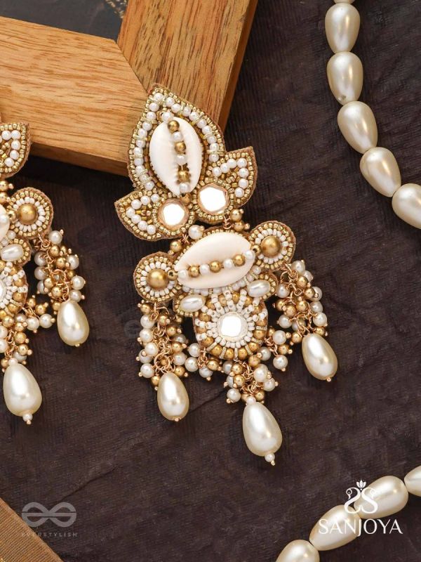 Savitra - Frosty Lily - Beads, Shells And Pearl Drops Hand Embroidered Earrings