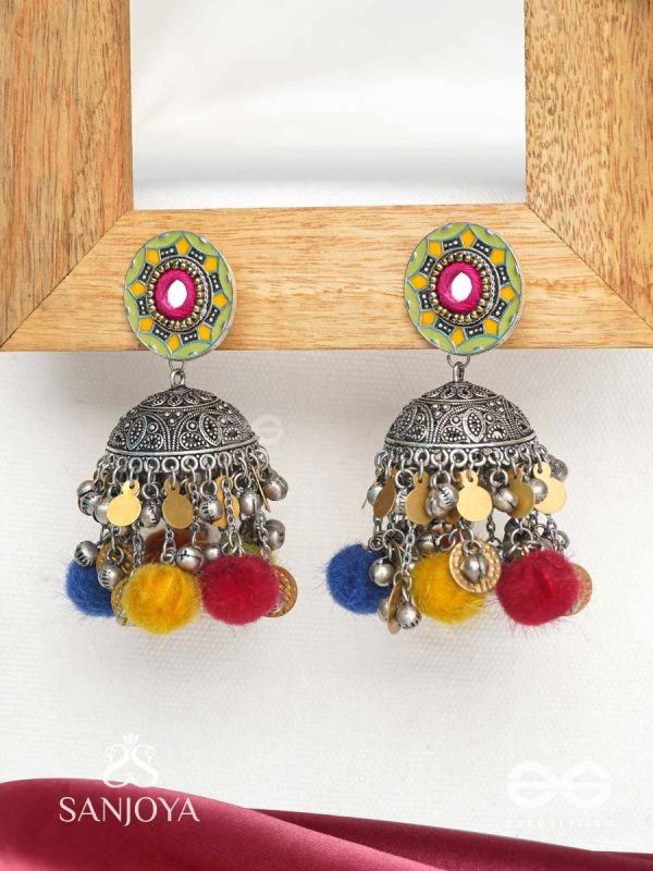 Asusama - Hues Of Happiness - Mirror And Coins Hand Embroidered Oxidised Jhumka Earrings