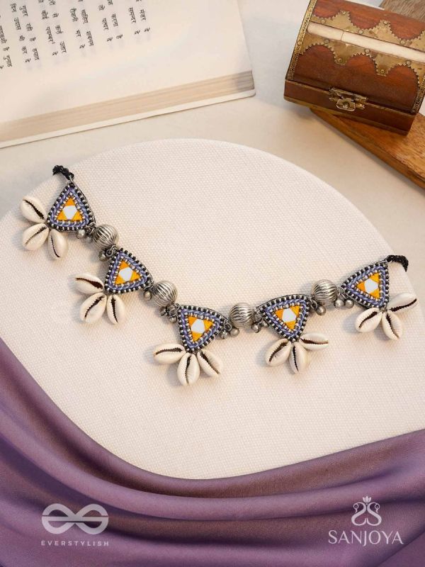 Shanakhya - The Prismy Shells - Mirrors, Shells, Resham And Beads Hand Embroidered Oxidised Choker Neckpiece