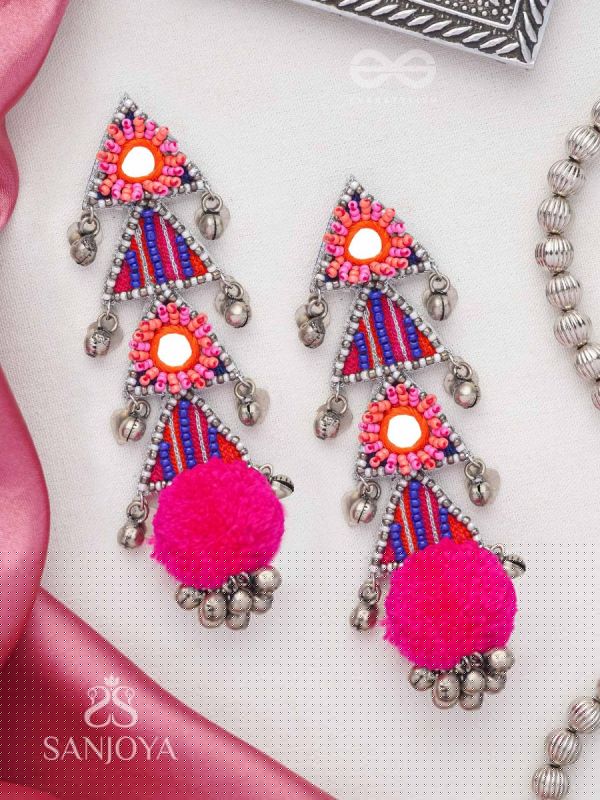 Ucchraya - The Melodic Treasures - Mirror, Resham And Beads Hand Embroidered Oxidised Earrings