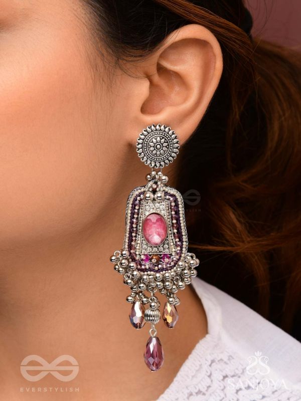 Parmeshthyam - The Fuchsia Royalty - Stone, Beads And Glass Drops Hand Embroidered Oxidised Earrings 