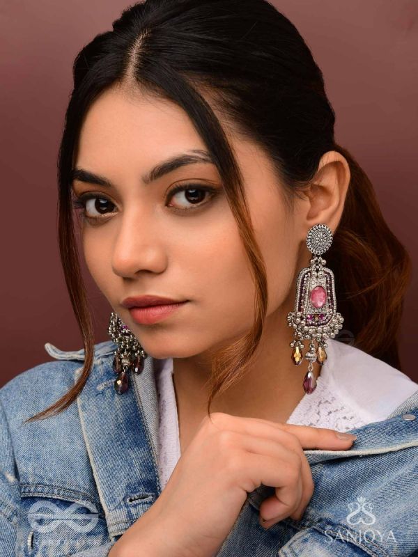 Parmeshthyam - The Fuchsia Royalty - Stone, Beads And Glass Drops Hand Embroidered Oxidised Earrings 