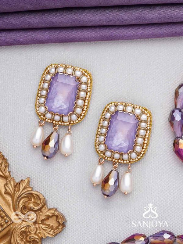 Dhumraruk - The Lavender Love- Stone, Beads, Glass And Pearl Drops Hand Embroidered Earrings