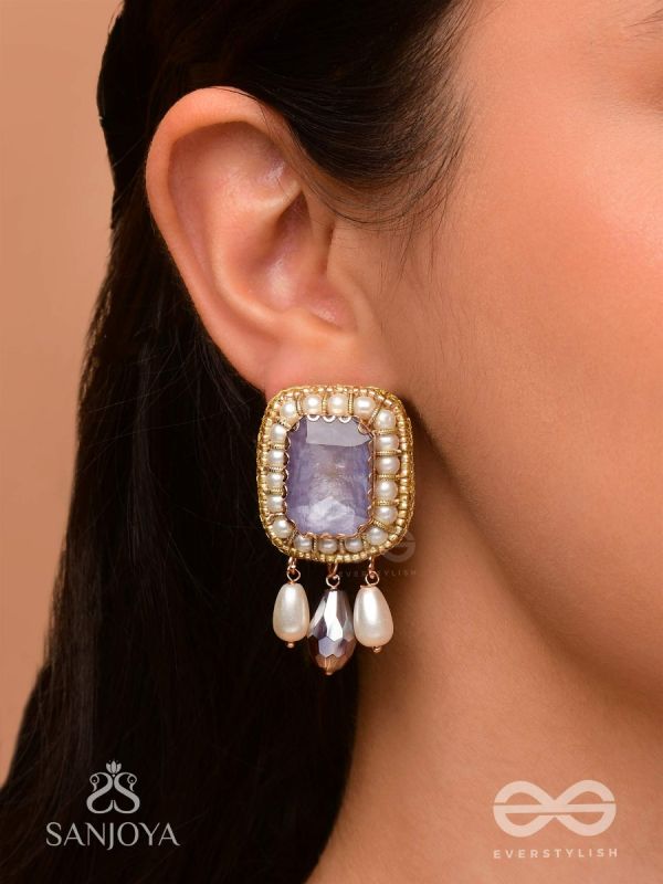Dhumraruk - The Lavender Love- Stone, Beads, Glass And Pearl Drops Hand Embroidered Earrings