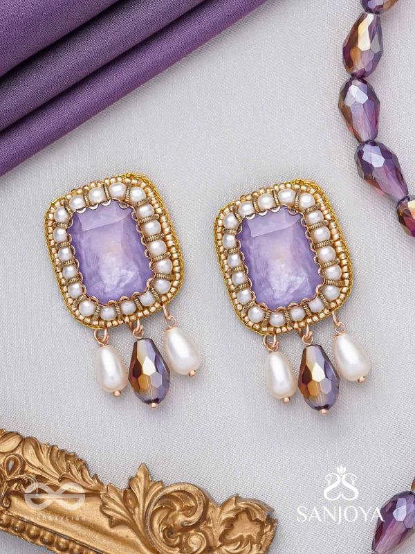 Dhumraruk - The Lavender Love- Stone, Beads, Glass And Pearl Drops Hand Embroidered Earrings