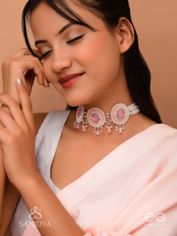 Nishru - Life In Spring - Stones, Glass Drops And Beads Hand Embroidered Neckpiece