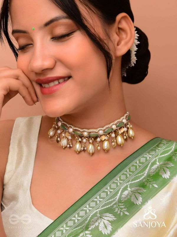 Haridvarna - Gilded Meadow Finery - Pearls, Stones And Beads Hand Embroidered Neckpiece