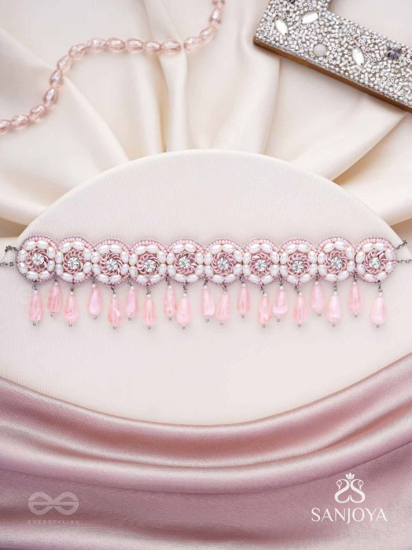 Aravindini - The Love Rose - Stone, Beads And Glass Drops Hand Embroidered Neckpiece