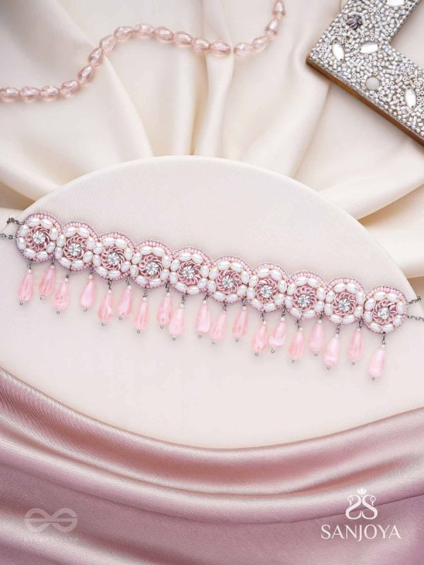 Aravindini - The Love Rose - Stone, Beads And Glass Drops Hand Embroidered Neckpiece