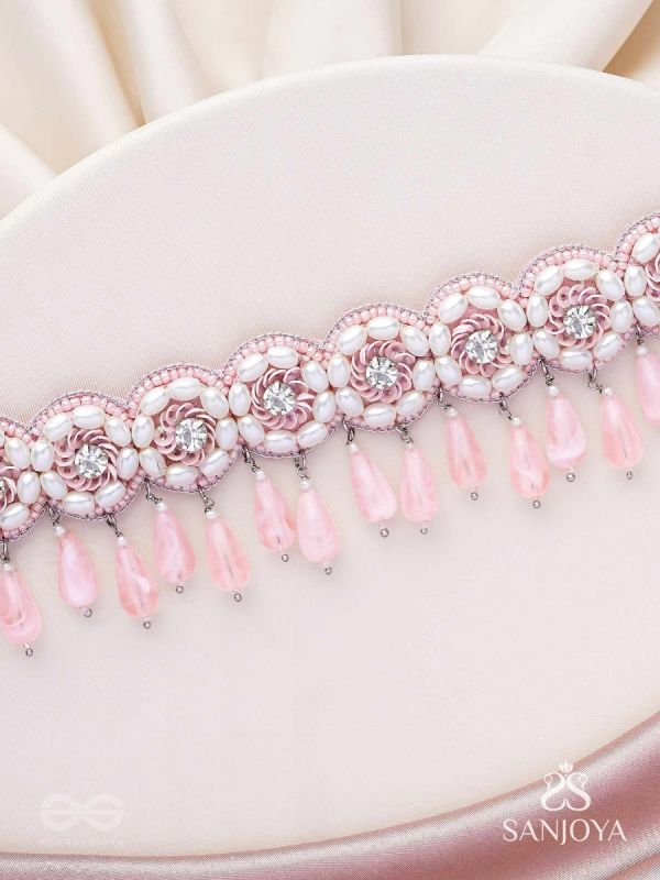 Aravindini - The Love Rose - Stone, Beads And Glass Drops Hand Embroidered Neckpiece