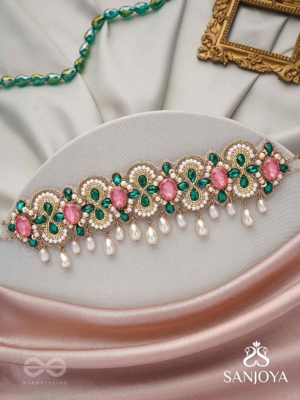 Nalikini - The Emerald Bloom - Stone, Beads And Pearl Drops Hand Embroidered Neckpiece