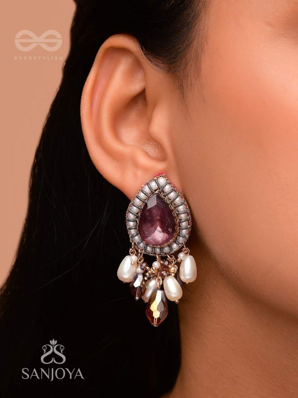 Atyala - The Rosy Raindrop - Stone, Beads And Glass Drop Hand Embroidered Earrings
