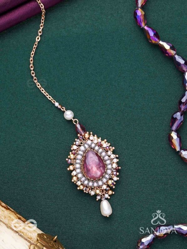 Asyama - The Violet Veil - Beads, Pearl And Stone Hand Embroidered Maangtika 