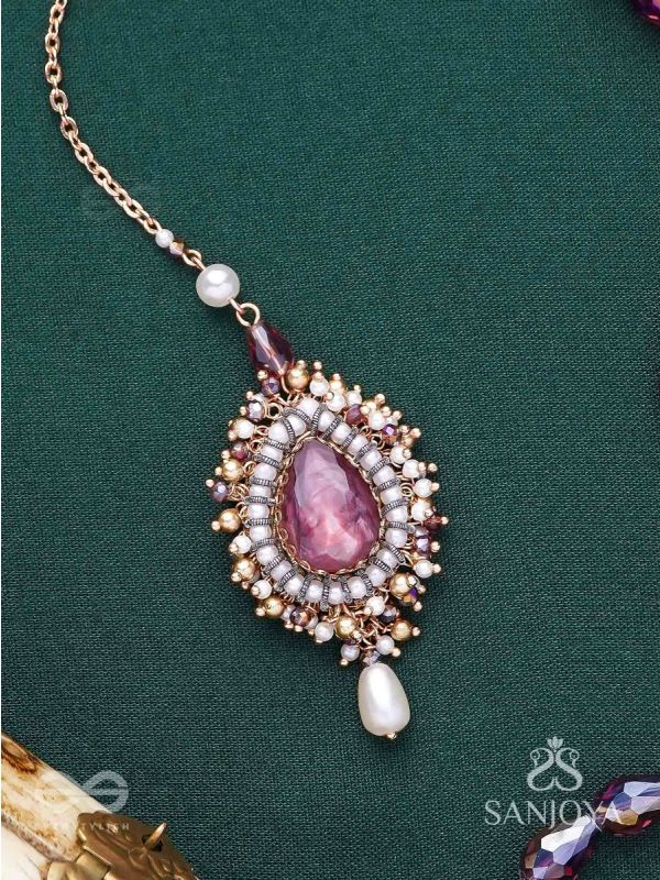 Asyama - The Violet Veil - Beads, Pearl And Stone Hand Embroidered Maangtika 
