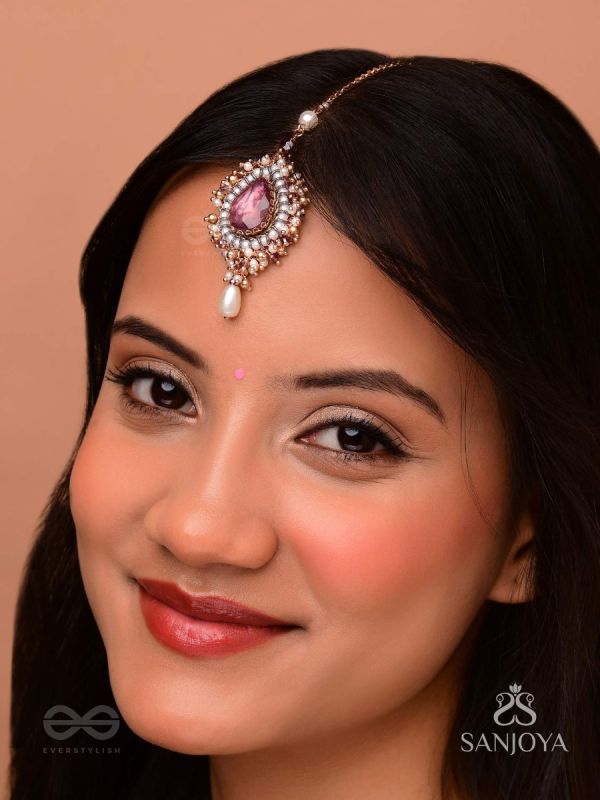 Asyama - The Violet Veil - Beads, Pearl And Stone Hand Embroidered Maangtika 