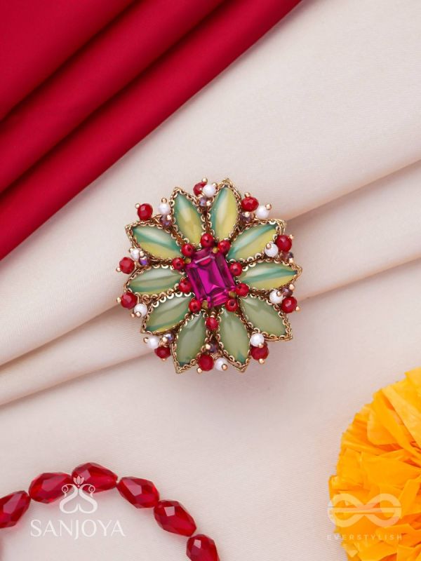 Ardramanjari - The Fresh Bloom - Stones And Beads Hand Embroidered Ring (Adjustable)