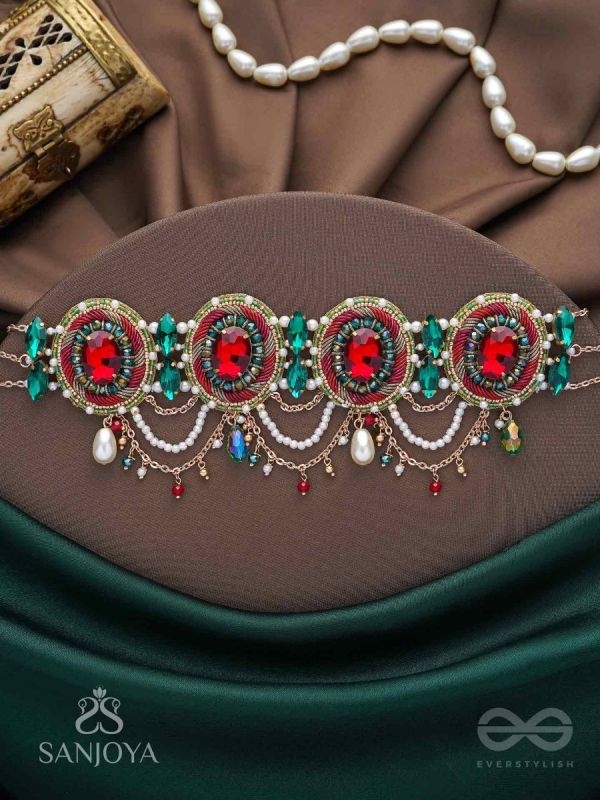 Upakarana - Royal Ruby Rainfall - Stone, Beads And Glass Drops Hand Embroidered  Choker Neckpiece