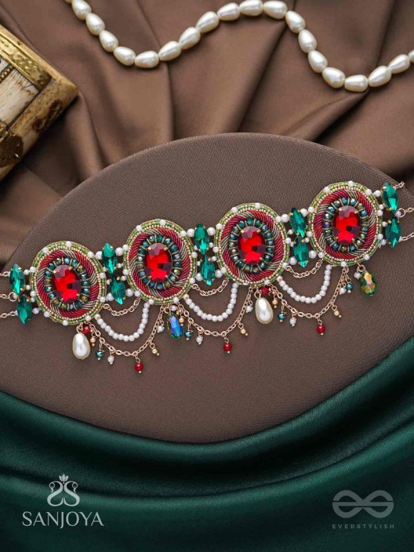 Upakarana - Royal Ruby Rainfall - Stone, Beads And Glass Drops Hand Embroidered  Choker Neckpiece