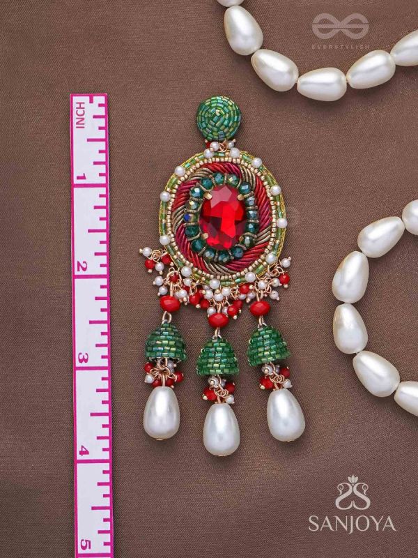 Aklishta - The Scarlet Splendor - Stone, Cutdana And Beads Hand Embroidered Earrings