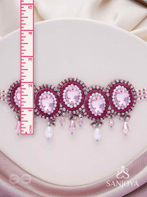 Udagat - Blushing Rose - Stone, Beads And Glass Drops Hand Embroidered Neckpiece