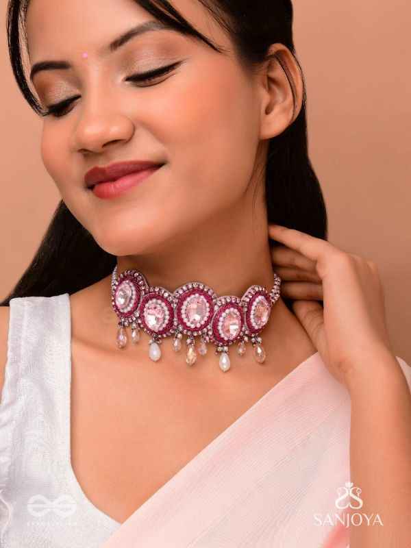 Udagat - Blushing Rose - Stone, Beads And Glass Drops Hand Embroidered Neckpiece