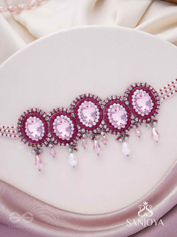 Udagat - Blushing Rose - Stone, Beads And Glass Drops Hand Embroidered Neckpiece