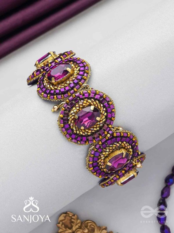 Ruksavarna - The Lustrous Amethyst - Stone, Beads And Cut Dana Hand Embroidered Cuff Bracelet