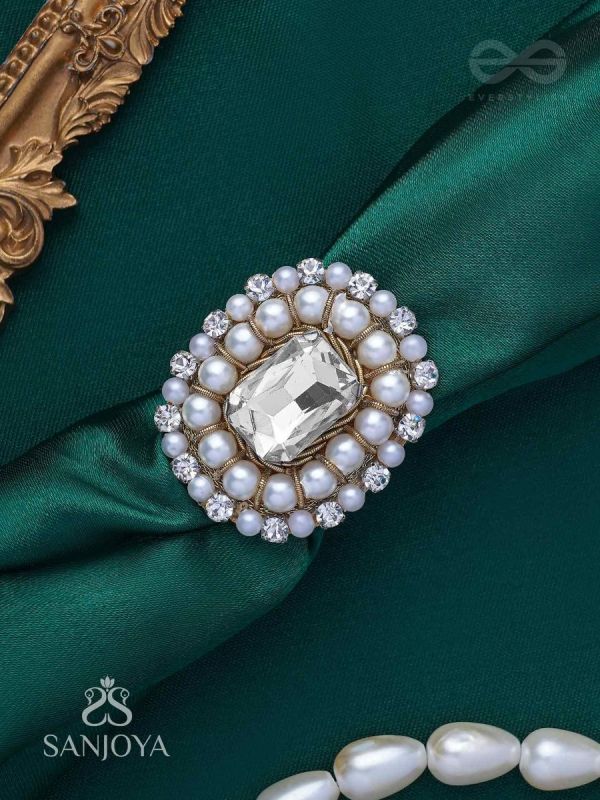 Indukamala - Moonlit Pearl Majesty - Stone And Pearls Hand Embroidered Ring