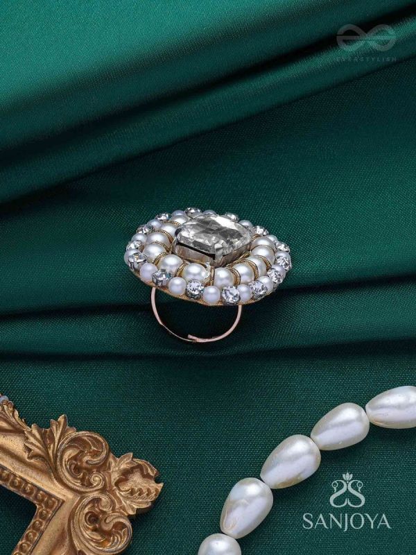 Indukamala - Moonlit Pearl Majesty - Stone And Pearls Hand Embroidered Ring