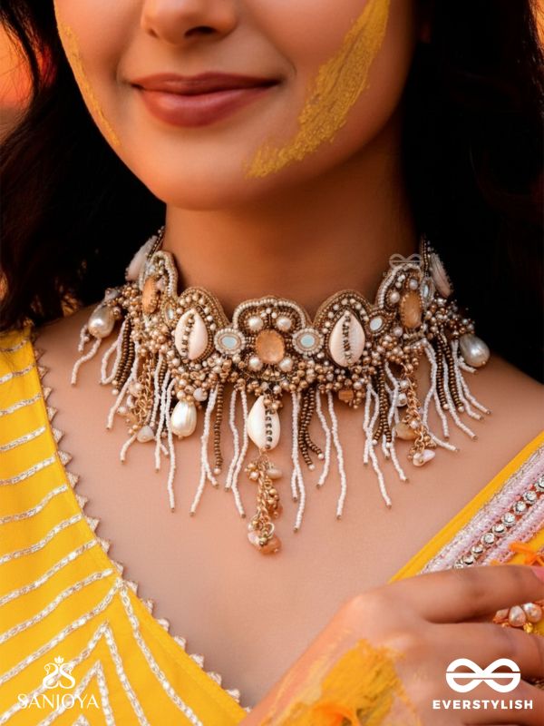 Sankhika- Coastal Gleam - Beads, Shells And Stone Hand Embroidered Neckpiece